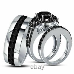 14K White Gold Finish Black Diamond Engagement Ring Bridal Wedding Trio Set