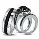 14k White Gold Finish Black Diamond Engagement Ring Bridal Wedding Trio Set