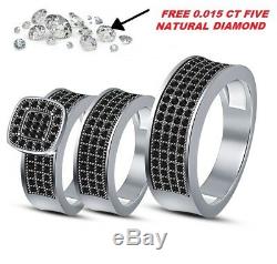 14K White Gold Finish Real Black Diamond Engagement Bridal Ring Wedding Trio Set