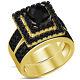 14k Yellow Gold Finish Black Diamond Double Square Halo Wedding Ring Bridal Set