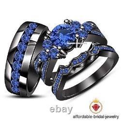 14k Black Finish Over 2CT Blue Simulated Sapphire Wedding His Hers Trio Ring Set