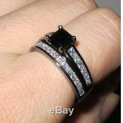 14k Black Gold Finish 1.50 Ct Princess Cut Black Diamond Engagement Ring Set