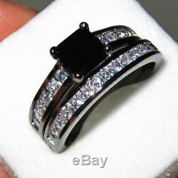 14k Black Gold Finish 1.50 Ct Princess Cut Black Diamond Engagement Ring Set