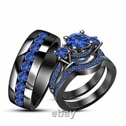 14k Black Gold Finish 2CT Blue Sapphire His & Her Trio Wedding Band Ring Set