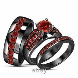 14k Black Gold Finish 2CT Round-Cut Red Garnet His & Her Trio Wedding Ring Set