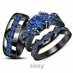 14k Black Gold Finish 2Ct Round Cut Blue Sapphire Diamond Wedding Trio Ring Set
