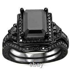 14k Black Gold Finish 2.75Ct Black Emerald Cut Simulated Diamond Bridal Ring Set