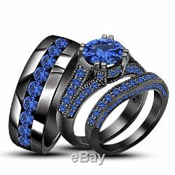 14k Black Gold Finish 925 Silver 4.50 Blue Sapphire His & Her Bridal Ring Set