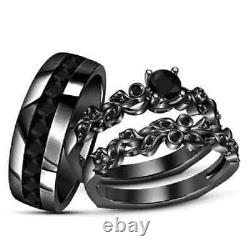 14k Black Gold Finish His & Hers Lab-Created Black Diamond Wedding Ring Trio Set