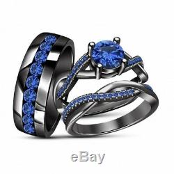14k Black Gold Finish Sapphire His And Her Engagement Ring Wedding Band Trio Set