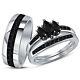 14k White Gold Finish Black Diamond Trio Set 3 Stone Engagement Wedding Ring