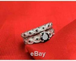 1Ct Round Cut Black Diamond Bridal Engagement Ring Set 14K White Gold Finish