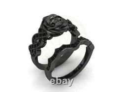 1Ct Round Cut Black Diamond Skull Ring Bridal Ring Set 14K In Black Gold Finish