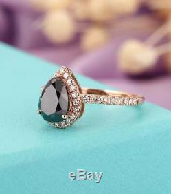 1.6ct Pear Cut Black Diamond Engagement Ring Halo Bridal Set 14k RoseGold Finish