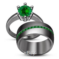 1.80 Ct Green Sapphire Trio Wedding Ring His Her Bands Set 14K Black Gold Finish