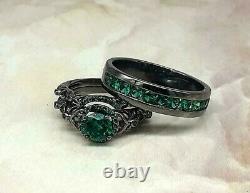 1.86CT Round Cut Emerald 14K Black Gold Finish Engagement Wedding Trio Ring Set