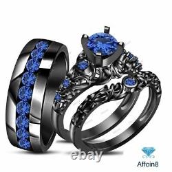 1.90Ct Round Blue Sapphire Engagement Ring Bridal Trio Set 14K Black Gold Finish