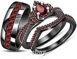 2CT Pear-Cut Red Garnet 14k Black Gold Finish His & Her Trio Wedding Ring Set