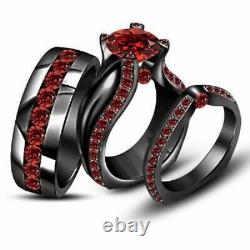 2CT Round-Cut Red Garnet 14k Black Gold Finish His & Her Trio Wedding Ring Set