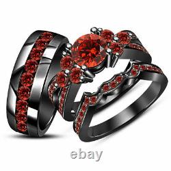 2CT Round Cut Red Garnet His Her Trio Wedding Ring Set 14k Black Gold Finish