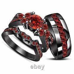 2CT Round Cut Red Garnet His Her Trio Wedding Ring Set 14k Black Gold Finish