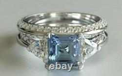 2Ct Asscher Cut Aquamarine Diamond Wedding Bridal Ring Set 14K White Gold Finish