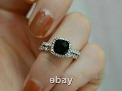 2Ct Cushion Cut Black Diamond Bridal Set Engagement Ring 14K White Gold Finish