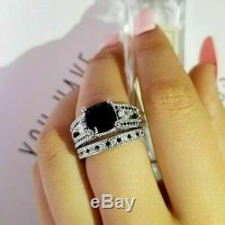 2Ct Cushion Cut Black Diamond Engagement Bridal Ring Set 14K White Gold Finish