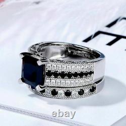 2Ct Cushion Cut Black Diamond Wedding Bridal Ring Set 14K White Gold Finish