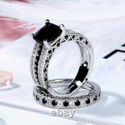 2Ct Cushion Cut Black Diamond Wedding Bridal Ring Set 14K White Gold Finish