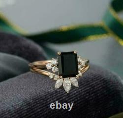 2Ct Emerald Cut Black Diamond Bridal Set Engagement Ring 14K Rose Gold Finish