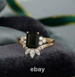 2Ct Emerald Cut Black Diamond Bridal Set Engagement Ring 14K Rose Gold Finish