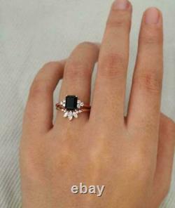 2Ct Emerald Cut Black Diamond Bridal Set Engagement Ring 14K Yellow Gold Finish