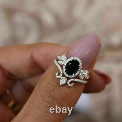 2Ct Oval Cut Black Diamond Halo Bridal Set Engagement Ring 14K White Gold Finish