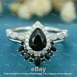 2Ct Pear Cut Black Diamond Halo Engagement Bridal Ring Set 14K White Gold Finish