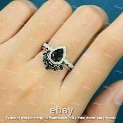 2Ct Pear Cut Black Diamond Halo Engagement Bridal Ring Set 14K White Gold Finish