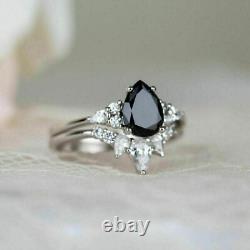 2Ct Pear Cut Black Moissanite Halo Bridal Ring Set 14K White Gold Finish