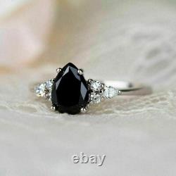2Ct Pear Cut Black Moissanite Halo Bridal Ring Set 14K White Gold Finish