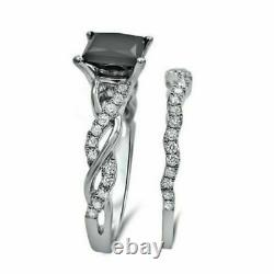 2Ct Princess Cut Black Diamond Bridal Set Engagement Ring 14K White Gold Finish