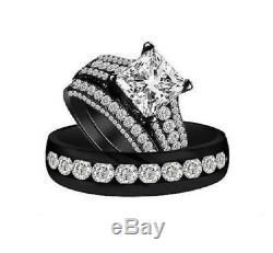 2Ct Princess Cut Diamond His-Her Trio Engagement Ring Set 14K Black Gold Finish