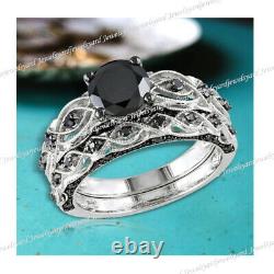 2Ct Round Cut Black Diamond Engagement Ring Bridal Set 14K White Gold Finish