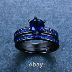 2Ct Round Cut Blue Sapphire Bridal Set Engagement Ring 14K Black Gold Finish