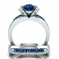 2Ct Round Cut Blue Sapphire Ring Bridal Set 14K White Gold Finish