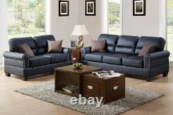 2Pcs Modern Black Bonded Leather Sofa Loveseat Set Trimmed in Nickel Finished