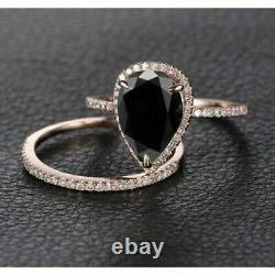 2.00Ct Pear Black Diamond Halo Wedding Ring Bridal Ring Set 14K Rose Gold Finish
