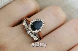 2.00 Ct Pear Cut Black Diamond Bridal Set Engagement Ring 14K Rose Gold Finish