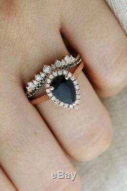 2.00 Ct Pear Cut Black Diamond Bridal Set Engagement Ring 14K Rose Gold Finish