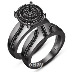 2.05ct Round-Cut Real Black Diamond Bridal Set Engagement Ring 10K Gold Finish