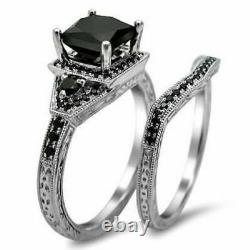 2.15Ct Round Cut Black Diamond Engagement Wedding Ring Set 14k white gold Finish