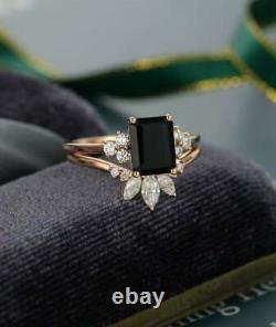 2.20Ct Emerald Cut Black Diamond Bridal Set Engagement Ring 14K Rose Gold Finish